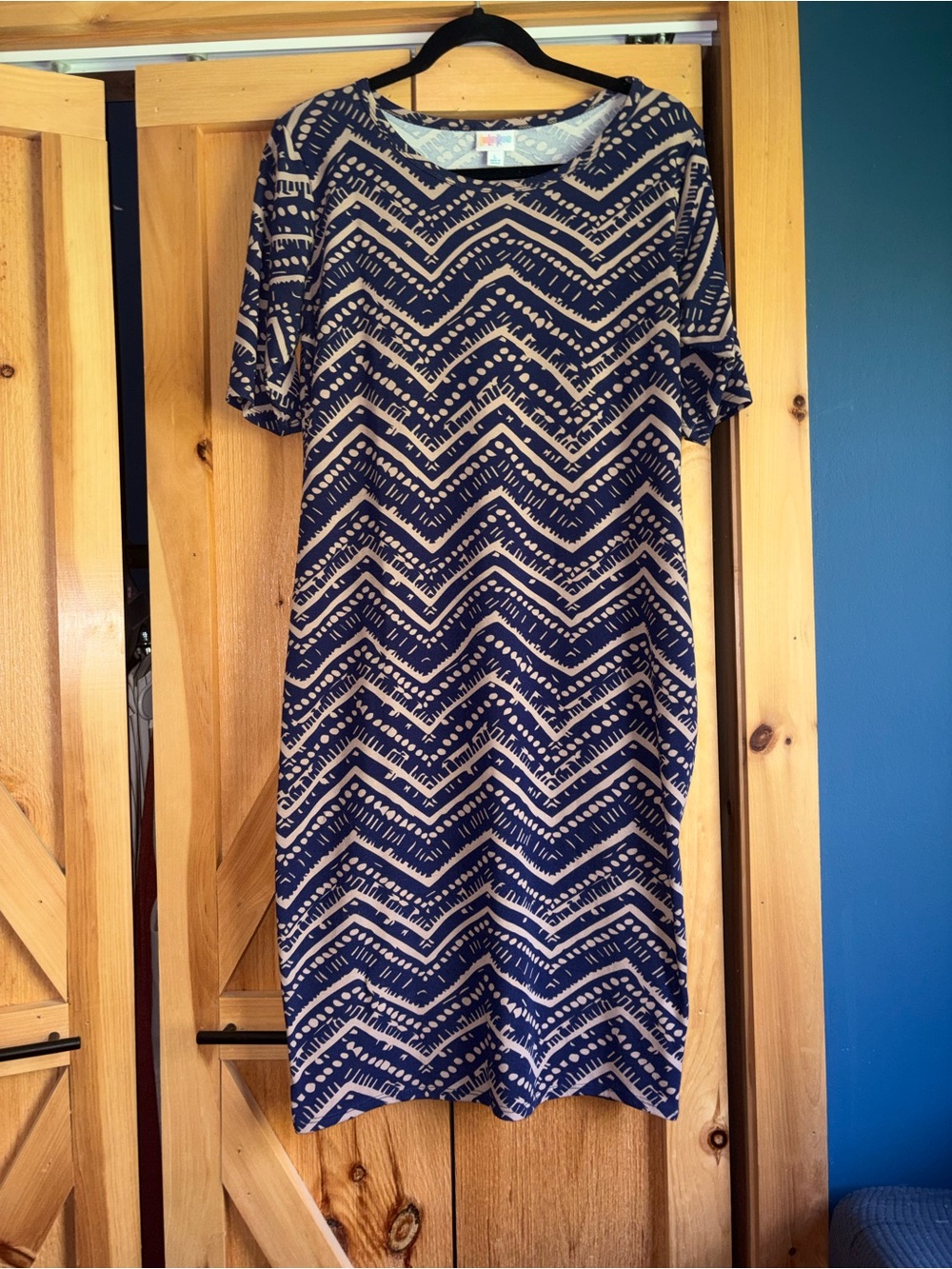 LuLaRoe L Blue and Tan Dress